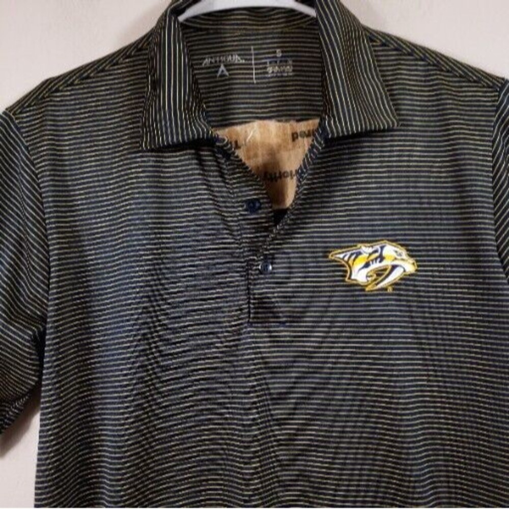 NHL Nashville Predators Shirt Men's Small Gold  Blue Striped Short Sleeve Polo